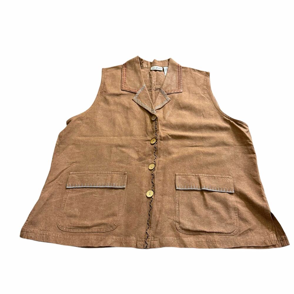 Vtg 90s White Stag Linen Rayon Vest XL Brown Boho Minimalist Sleeveless Blouse